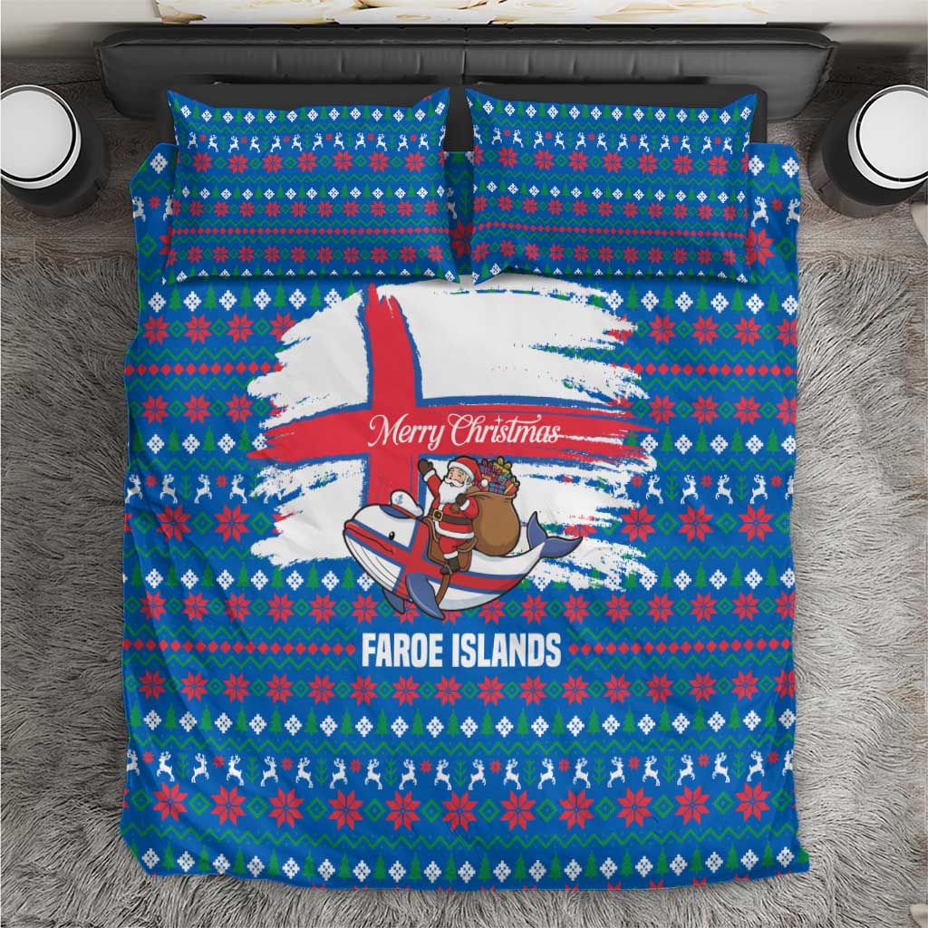 Faroe Islands Christmas Bedding Set with Santa Riding Whale Faroe Flag and Blue Nordic Winter Pattern Design - Wonder Print Shop