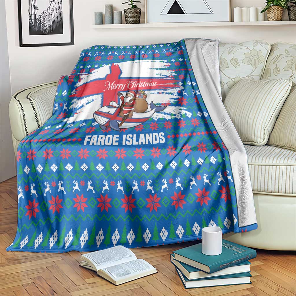 Faroe Islands Christmas Blanket with Santa Riding Whale Faroe Flag and Blue Nordic Winter Pattern Design - Wonder Print Shop