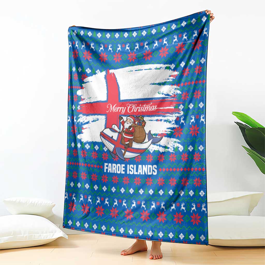 Faroe Islands Christmas Blanket with Santa Riding Whale Faroe Flag and Blue Nordic Winter Pattern Design - Wonder Print Shop