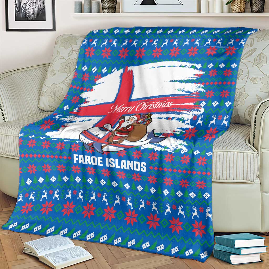 Faroe Islands Christmas Blanket with Santa Riding Whale Faroe Flag and Blue Nordic Winter Pattern Design - Wonder Print Shop
