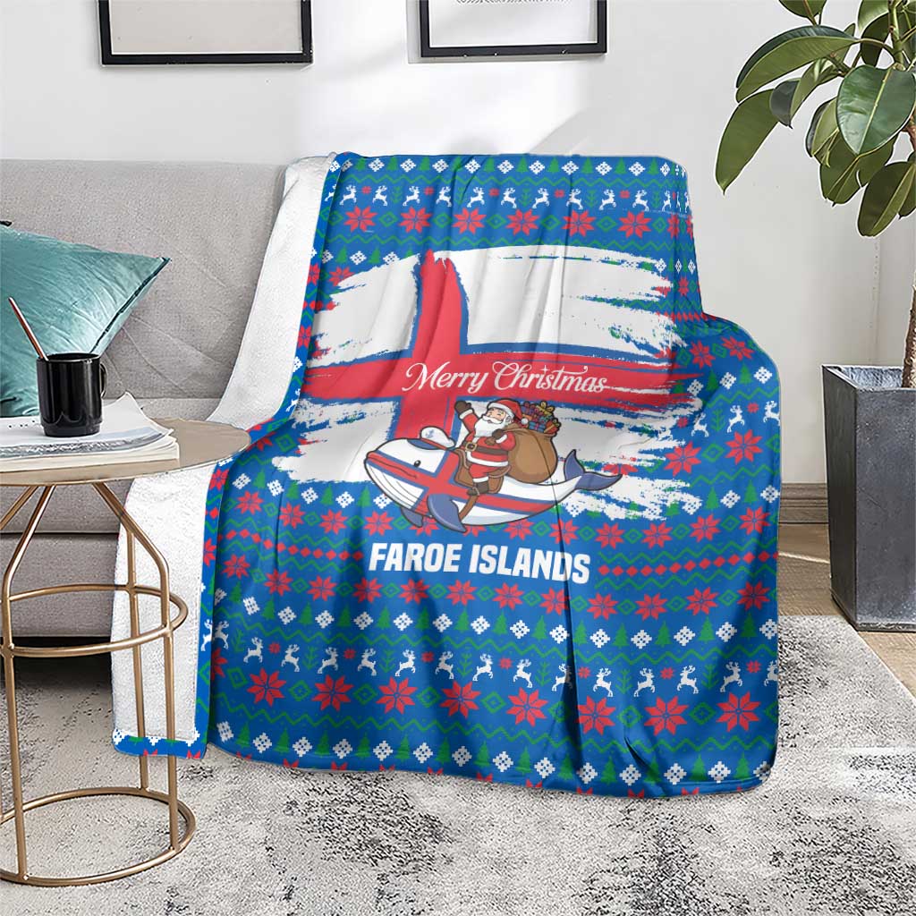 Faroe Islands Christmas Blanket with Santa Riding Whale Faroe Flag and Blue Nordic Winter Pattern Design - Wonder Print Shop