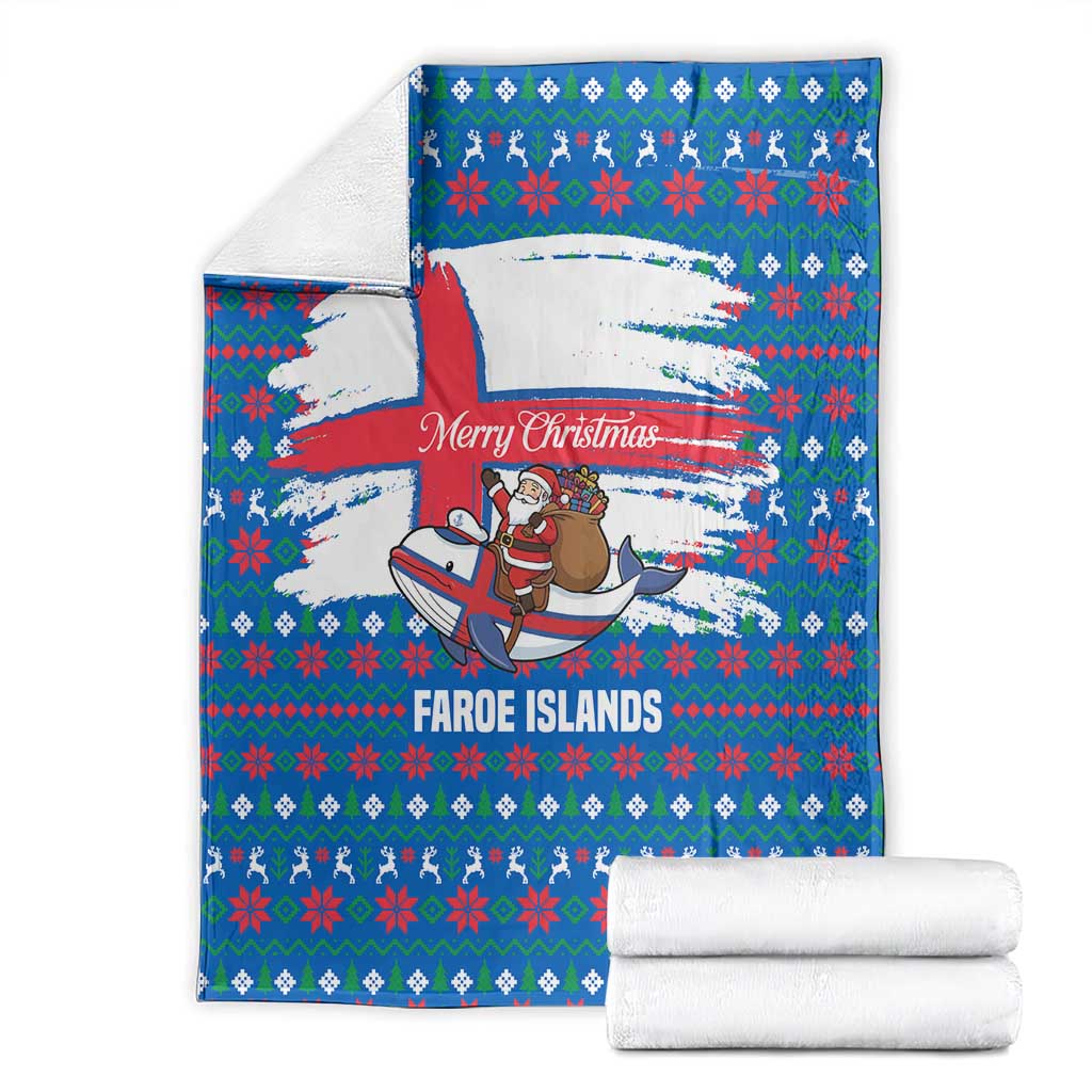 Faroe Islands Christmas Blanket with Santa Riding Whale Faroe Flag and Blue Nordic Winter Pattern Design - Wonder Print Shop