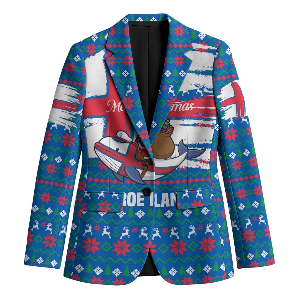 Faroe Islands Christmas Blazer with Santa Riding Whale Faroe Flag and Blue Nordic Winter Pattern Design - Wonder Print Shop