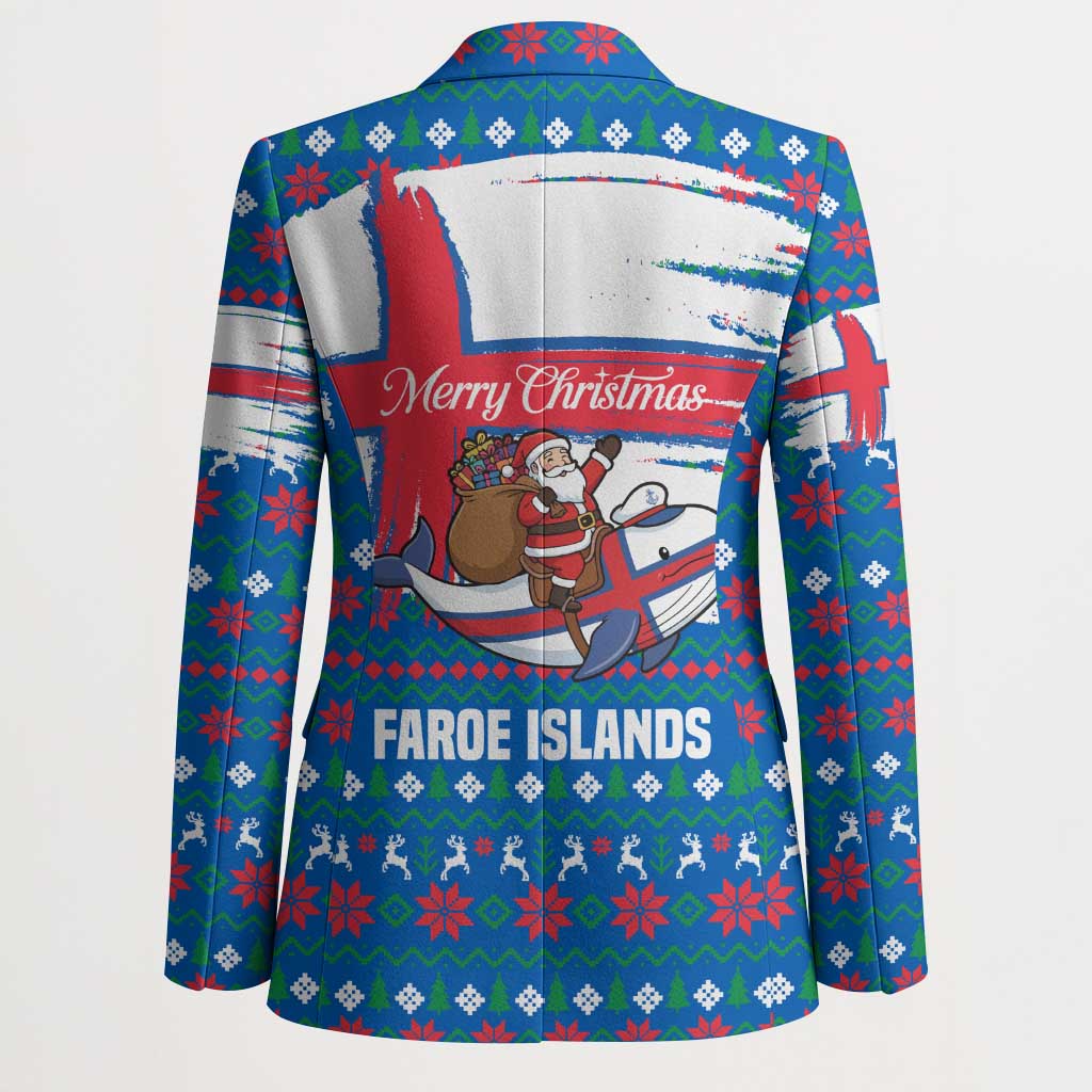 Faroe Islands Christmas Blazer with Santa Riding Whale Faroe Flag and Blue Nordic Winter Pattern Design - Wonder Print Shop