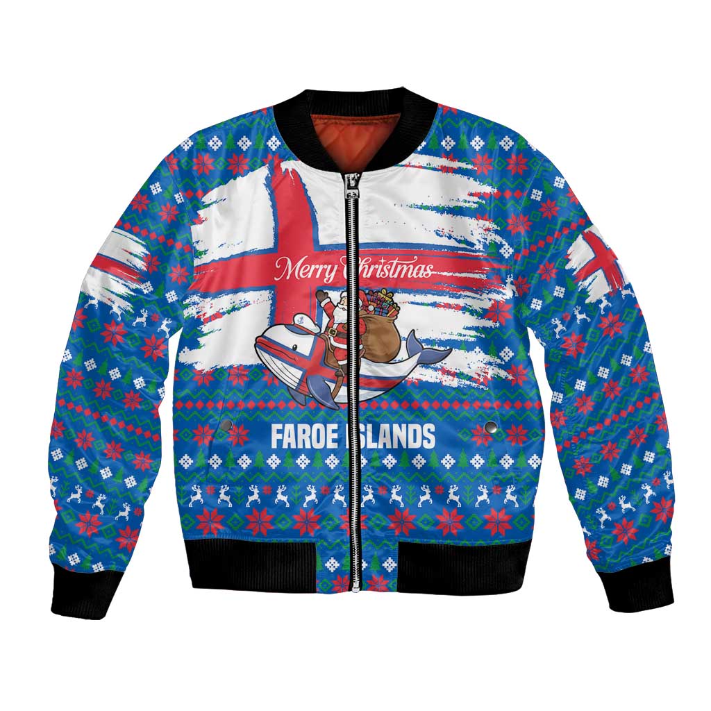 Faroe Islands Christmas Bomber Jacket with Santa Riding Whale Faroe Flag and Blue Nordic Winter Pattern Design - Wonder Print Shop