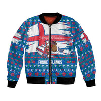 Faroe Islands Christmas Bomber Jacket with Santa Riding Whale Faroe Flag and Blue Nordic Winter Pattern Design - Wonder Print Shop