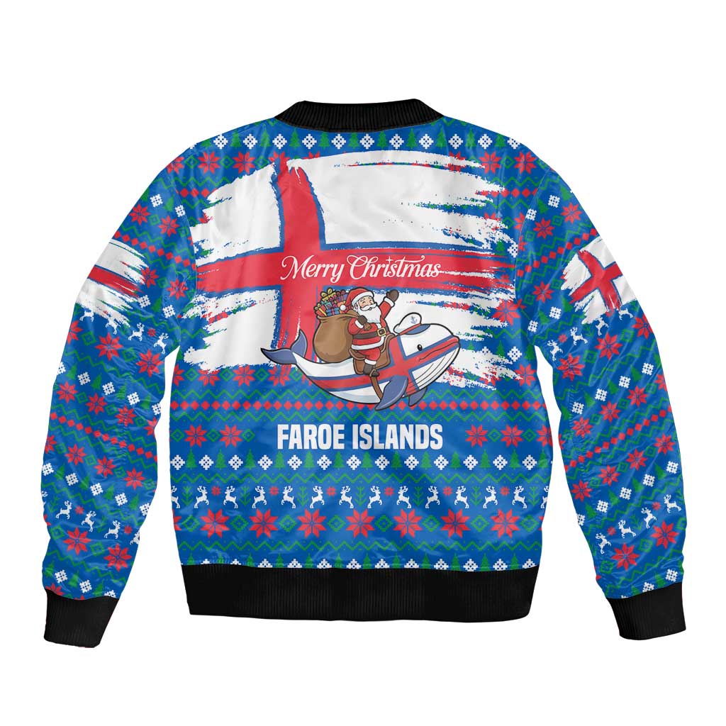Faroe Islands Christmas Bomber Jacket with Santa Riding Whale Faroe Flag and Blue Nordic Winter Pattern Design - Wonder Print Shop