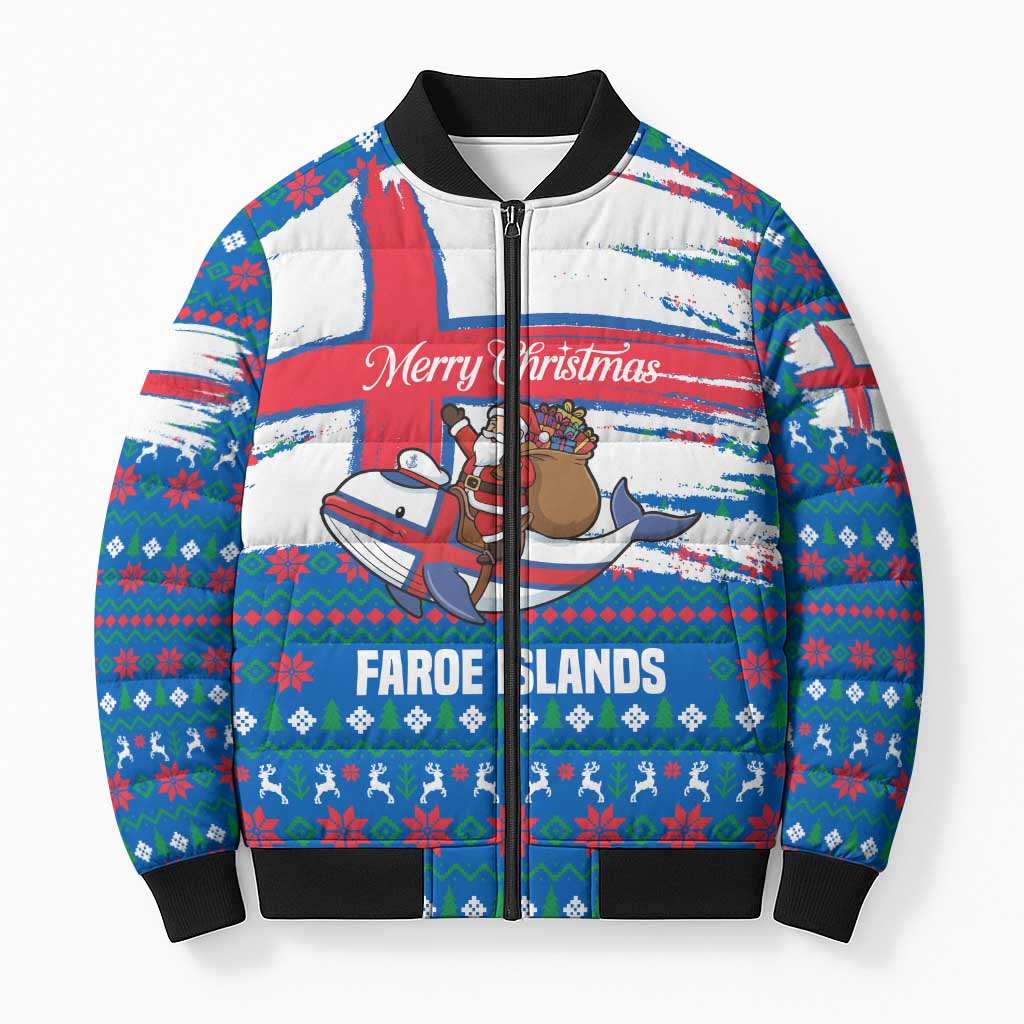 Faroe Islands Christmas Bomber Puffer Jacket with Santa Riding Whale Faroe Flag and Blue Nordic Winter Pattern Design - Wonder Print Shop