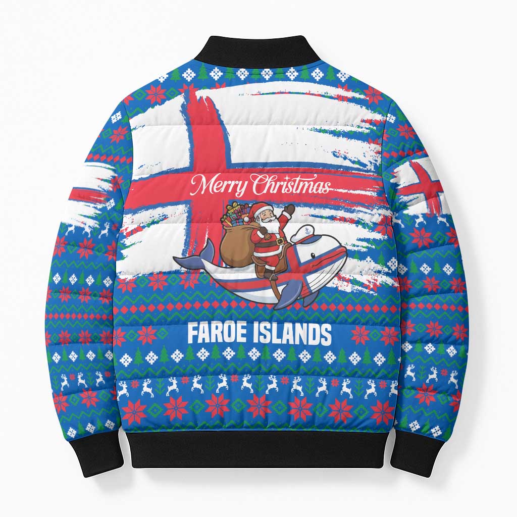 Faroe Islands Christmas Bomber Puffer Jacket with Santa Riding Whale Faroe Flag and Blue Nordic Winter Pattern Design - Wonder Print Shop