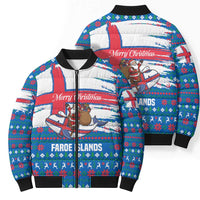 Faroe Islands Christmas Bomber Puffer Jacket with Santa Riding Whale Faroe Flag and Blue Nordic Winter Pattern Design - Wonder Print Shop