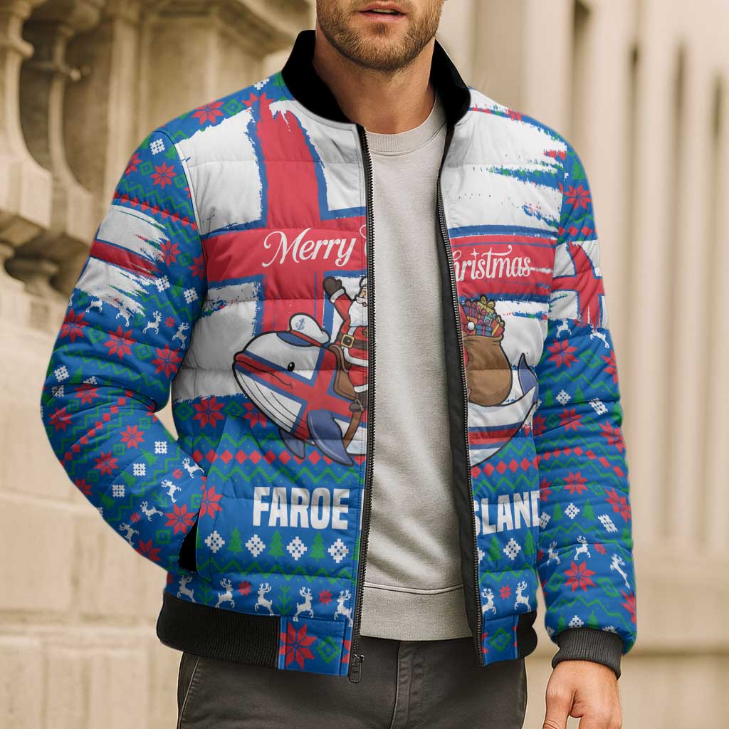 Faroe Islands Christmas Bomber Puffer Jacket with Santa Riding Whale Faroe Flag and Blue Nordic Winter Pattern Design - Wonder Print Shop