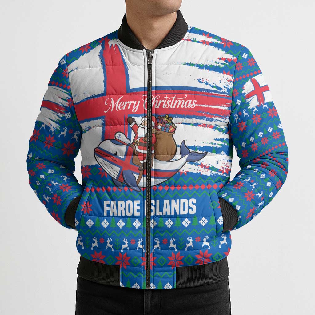 Faroe Islands Christmas Bomber Puffer Jacket with Santa Riding Whale Faroe Flag and Blue Nordic Winter Pattern Design - Wonder Print Shop
