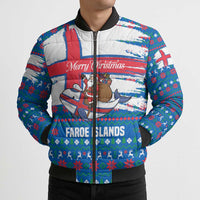 Faroe Islands Christmas Bomber Puffer Jacket with Santa Riding Whale Faroe Flag and Blue Nordic Winter Pattern Design - Wonder Print Shop