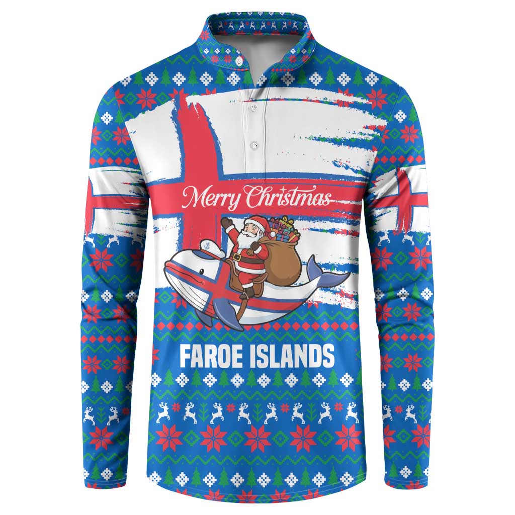 Faroe Islands Christmas Button Sweatshirt with Santa Riding Whale Faroe Flag and Blue Nordic Winter Pattern Design - Wonder Print Shop