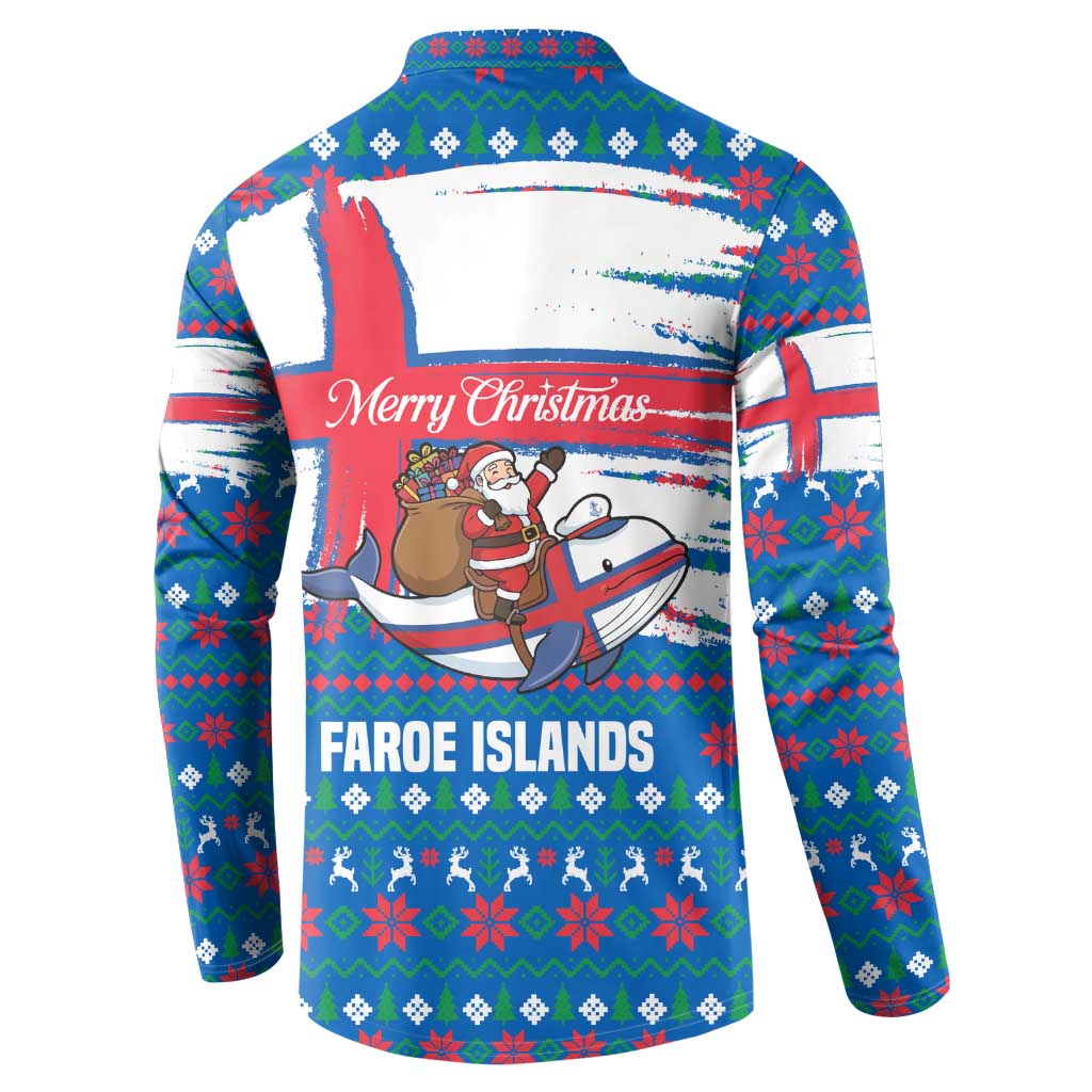 Faroe Islands Christmas Button Sweatshirt with Santa Riding Whale Faroe Flag and Blue Nordic Winter Pattern Design - Wonder Print Shop