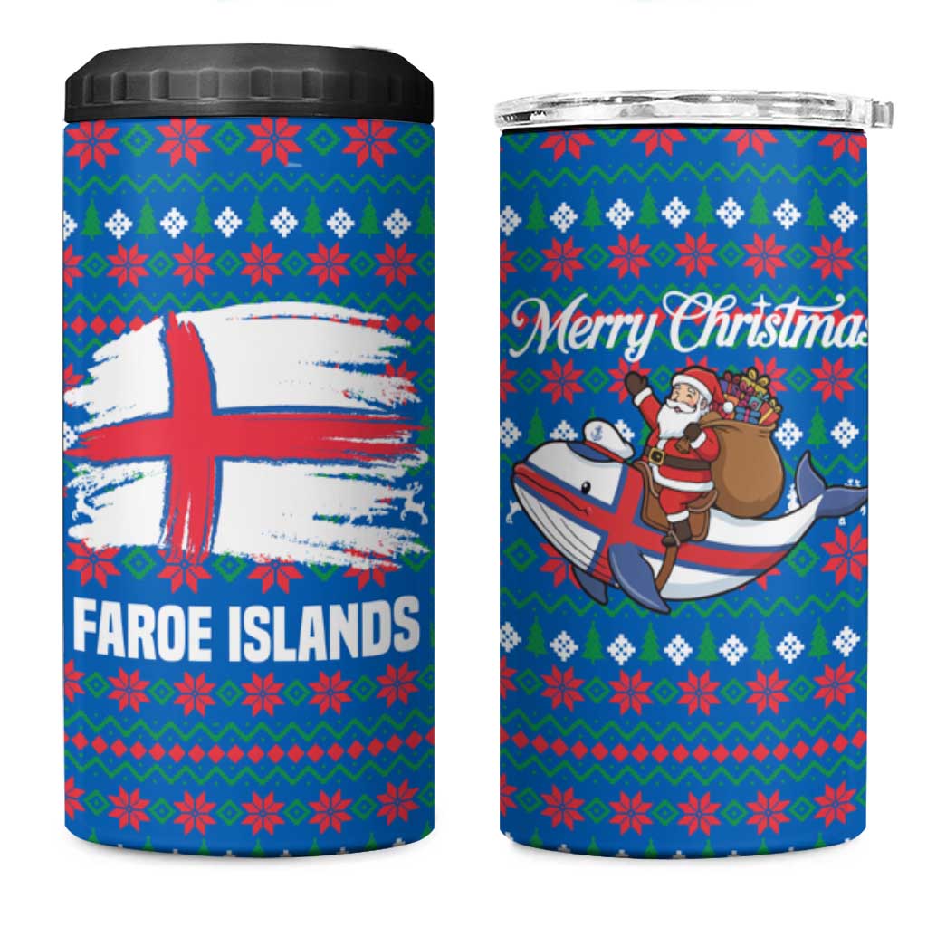 Faroe Islands Christmas 4 in 1 Can Cooler Tumbler with Santa Riding Whale Faroe Flag and Blue Nordic Winter Pattern Design - Wonder Print Shop