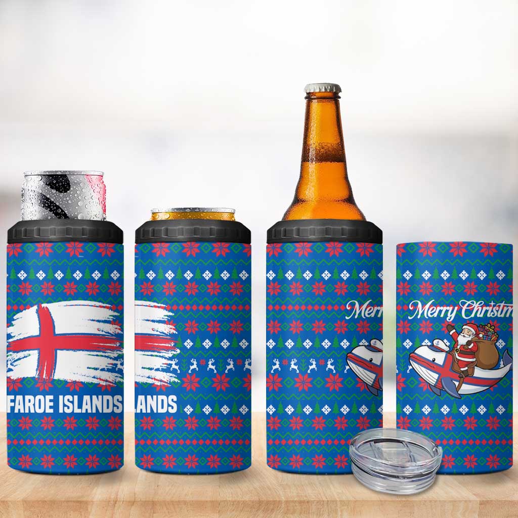 Faroe Islands Christmas 4 in 1 Can Cooler Tumbler with Santa Riding Whale Faroe Flag and Blue Nordic Winter Pattern Design - Wonder Print Shop