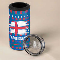 Faroe Islands Christmas 4 in 1 Can Cooler Tumbler with Santa Riding Whale Faroe Flag and Blue Nordic Winter Pattern Design - Wonder Print Shop