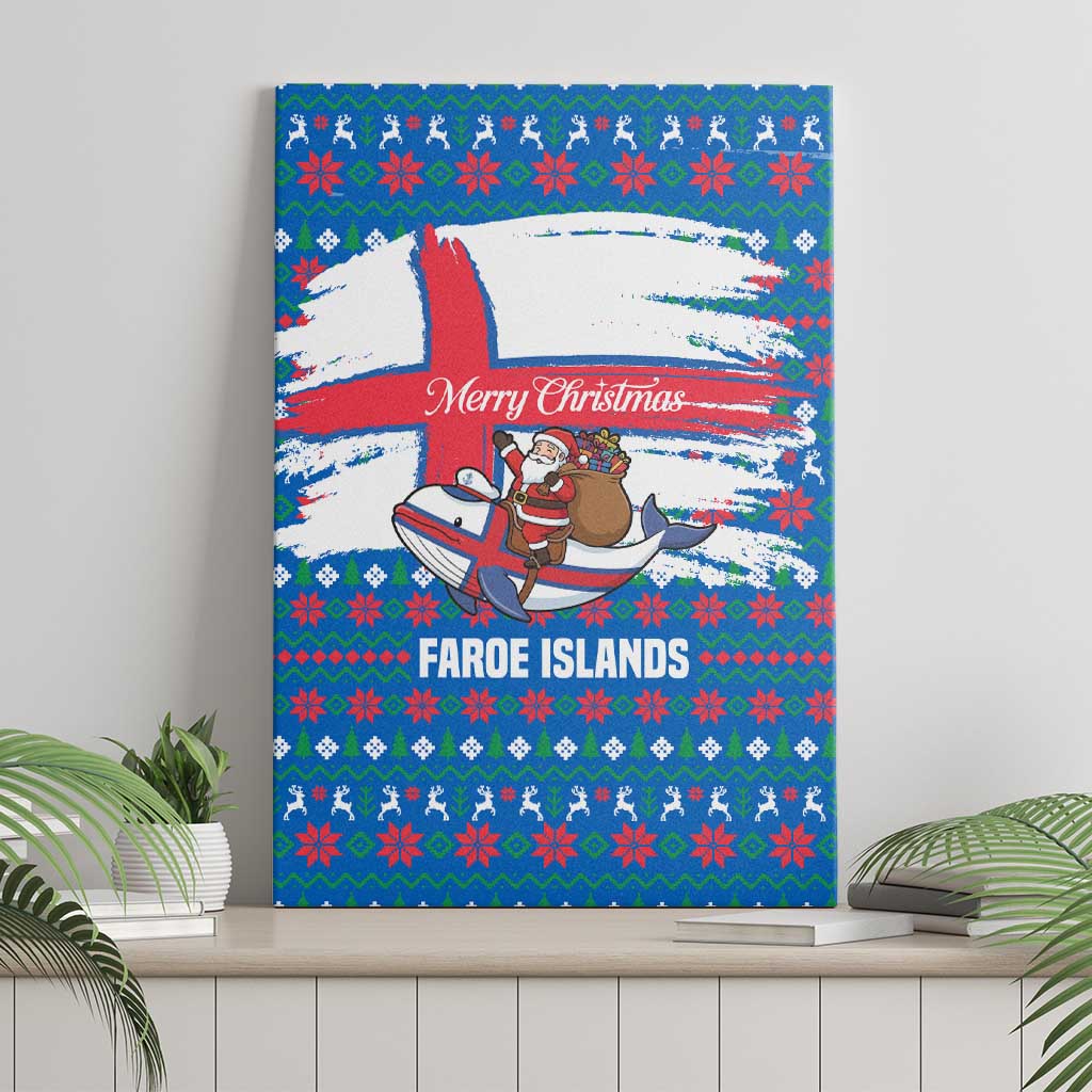 Faroe Islands Christmas Canvas Wall Art with Santa Riding Whale Faroe Flag and Blue Nordic Winter Pattern Design - Wonder Print Shop