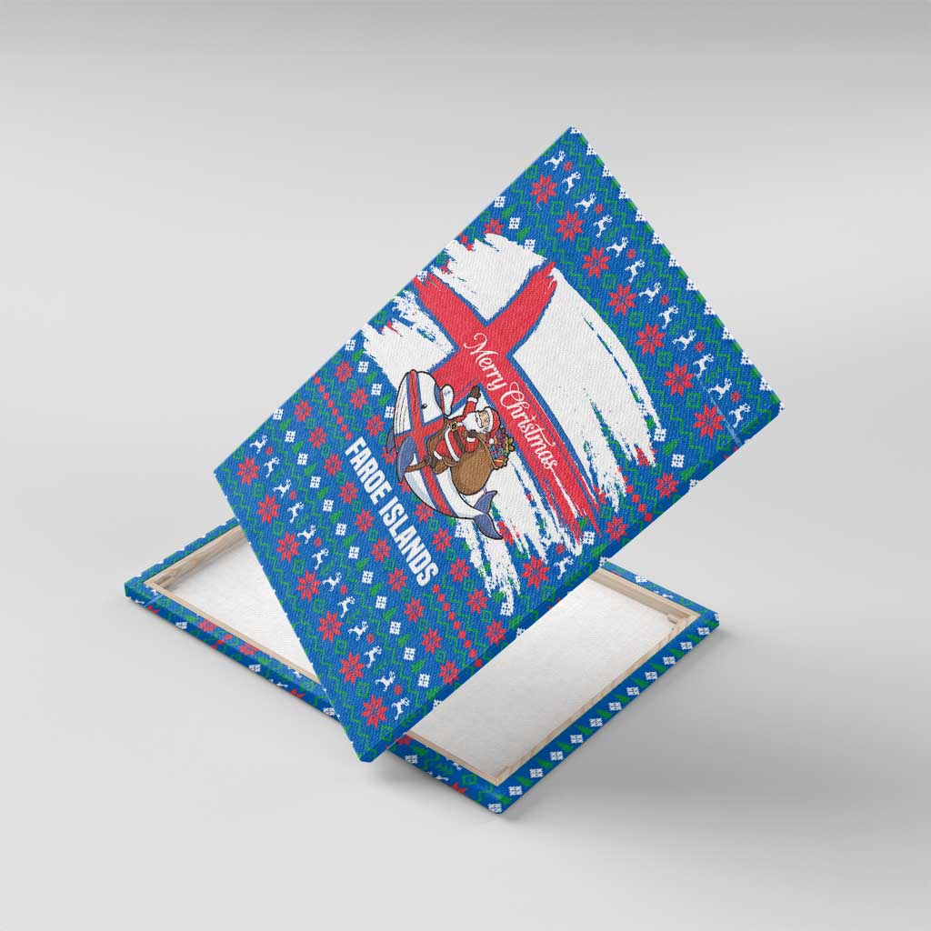 Faroe Islands Christmas Canvas Wall Art with Santa Riding Whale Faroe Flag and Blue Nordic Winter Pattern Design - Wonder Print Shop