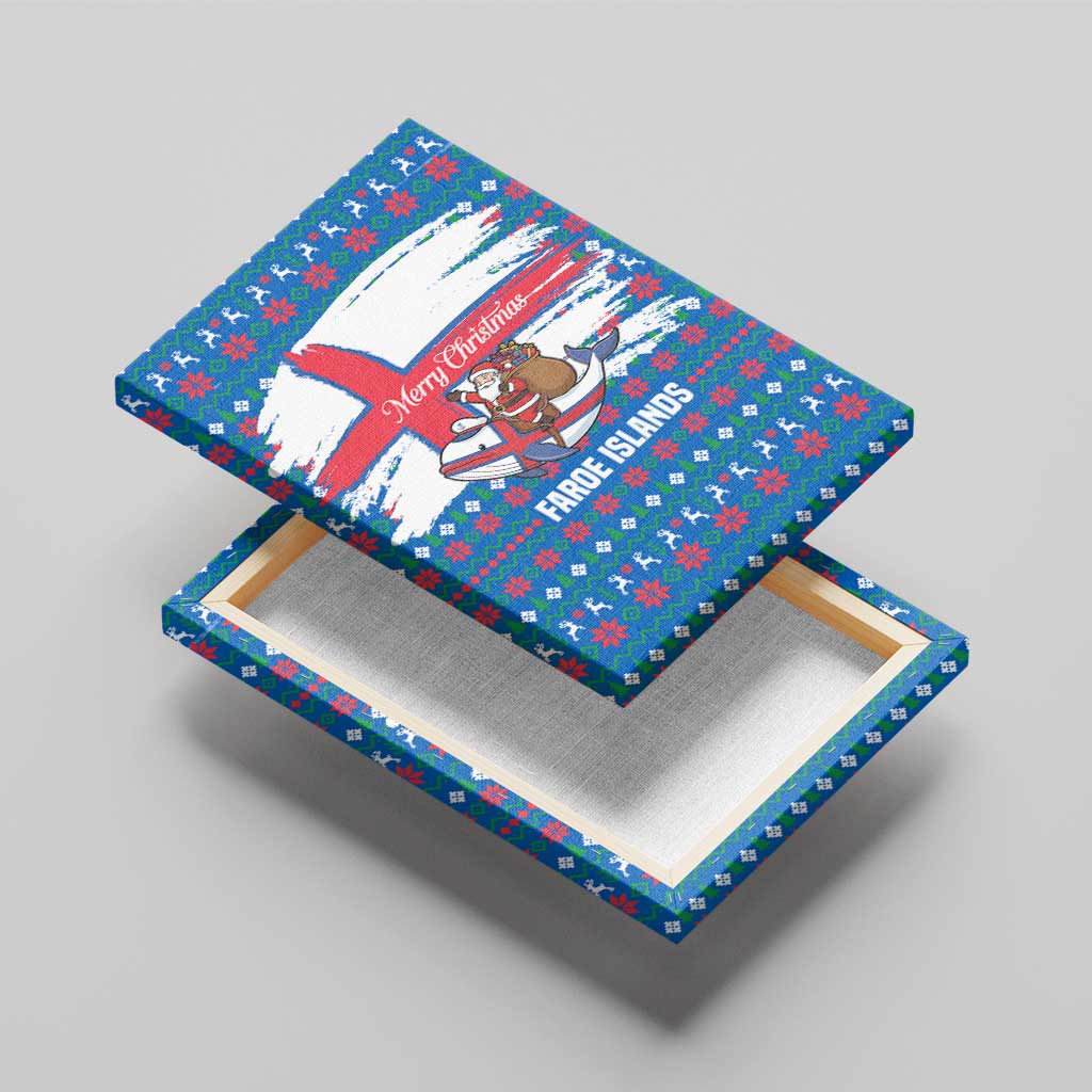 Faroe Islands Christmas Canvas Wall Art with Santa Riding Whale Faroe Flag and Blue Nordic Winter Pattern Design - Wonder Print Shop