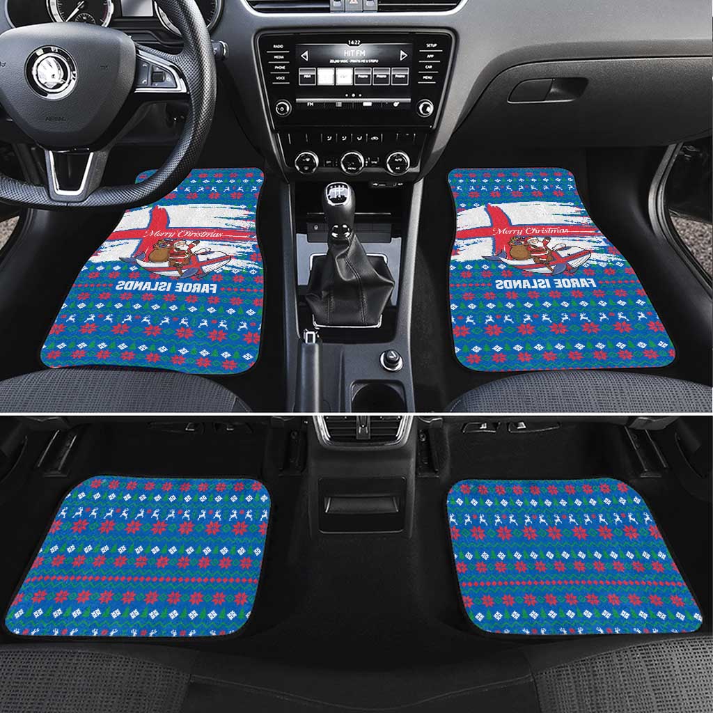 Faroe Islands Christmas Car Mats with Santa Riding Whale Faroe Flag and Blue Nordic Winter Pattern Design - Wonder Print Shop