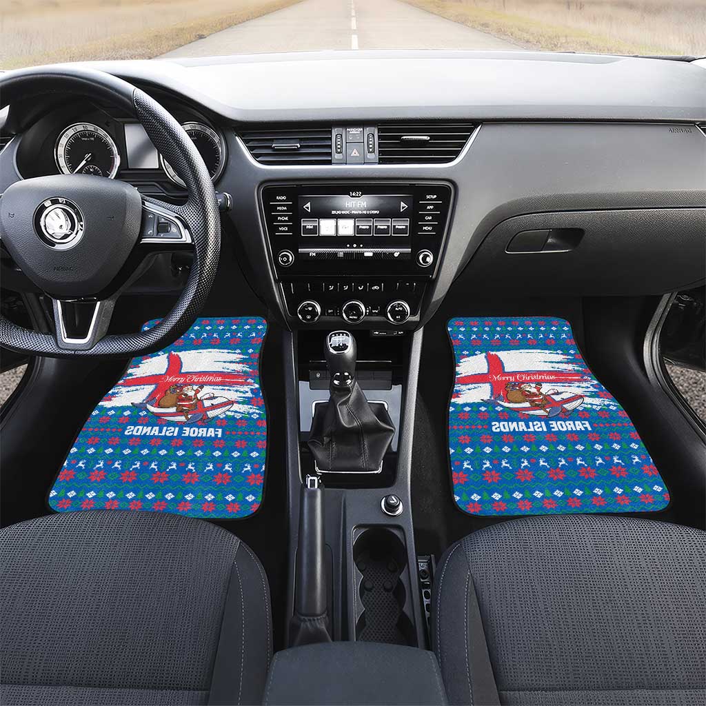 Faroe Islands Christmas Car Mats with Santa Riding Whale Faroe Flag and Blue Nordic Winter Pattern Design - Wonder Print Shop