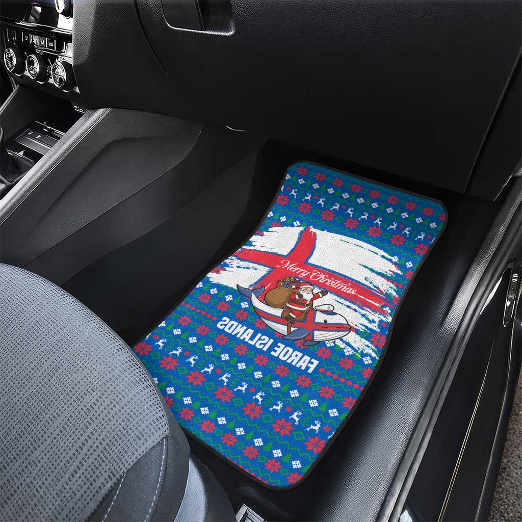 Faroe Islands Christmas Car Mats with Santa Riding Whale Faroe Flag and Blue Nordic Winter Pattern Design - Wonder Print Shop