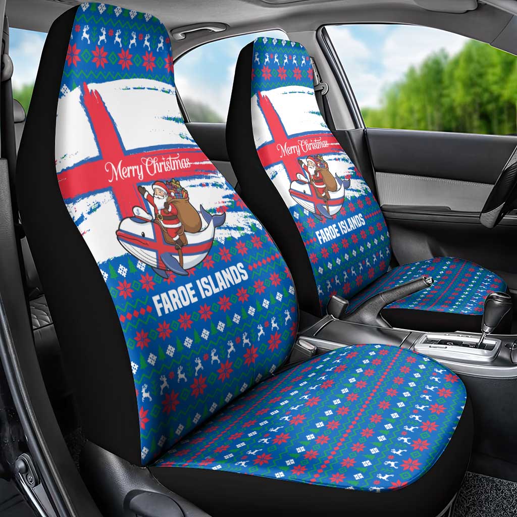 Faroe Islands Christmas Car Seat Cover with Santa Riding Whale Faroe Flag and Blue Nordic Winter Pattern Design - Wonder Print Shop