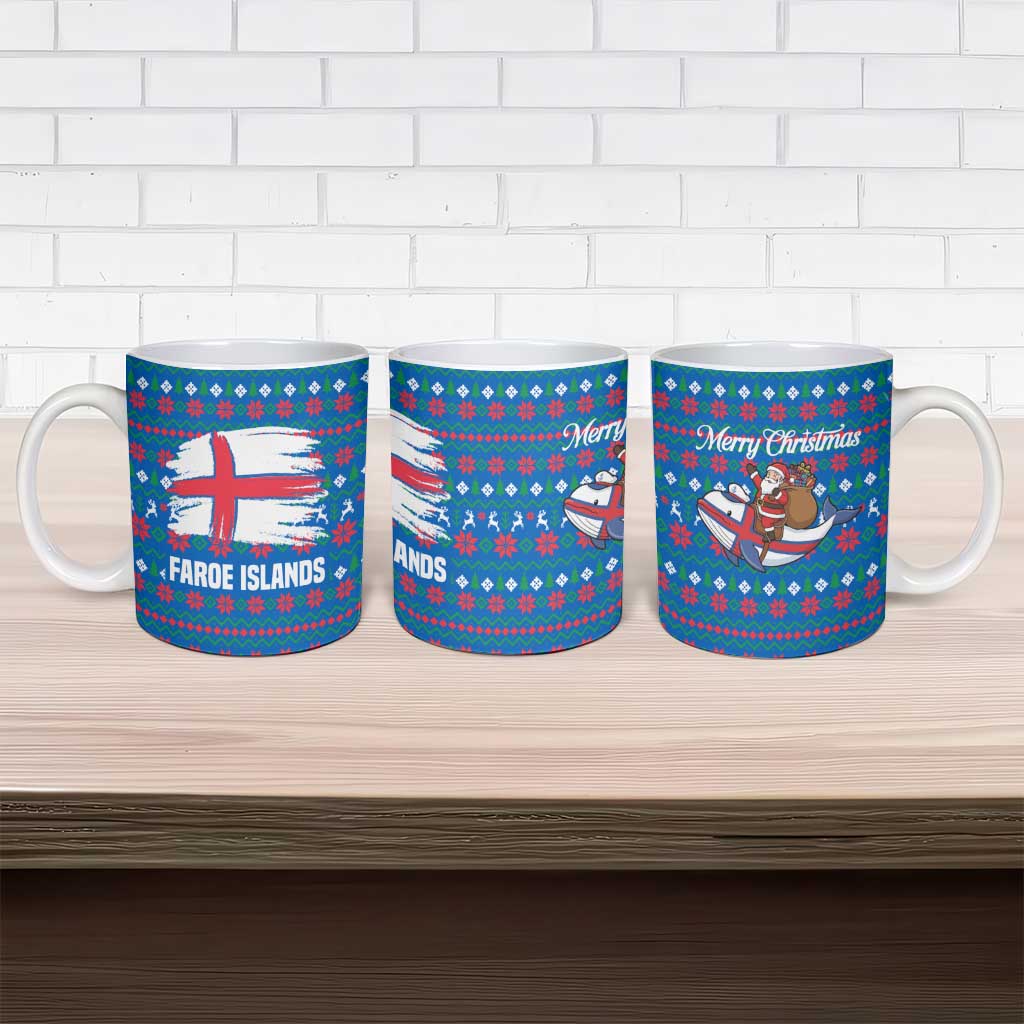 Faroe Islands Christmas Ceramic Mug with Santa Riding Whale Faroe Flag and Blue Nordic Winter Pattern Design - Wonder Print Shop