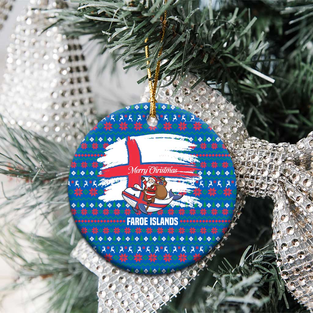 Faroe Islands Christmas Ceramic Ornament with Santa Riding Whale Faroe Flag and Blue Nordic Winter Pattern Design - Wonder Print Shop