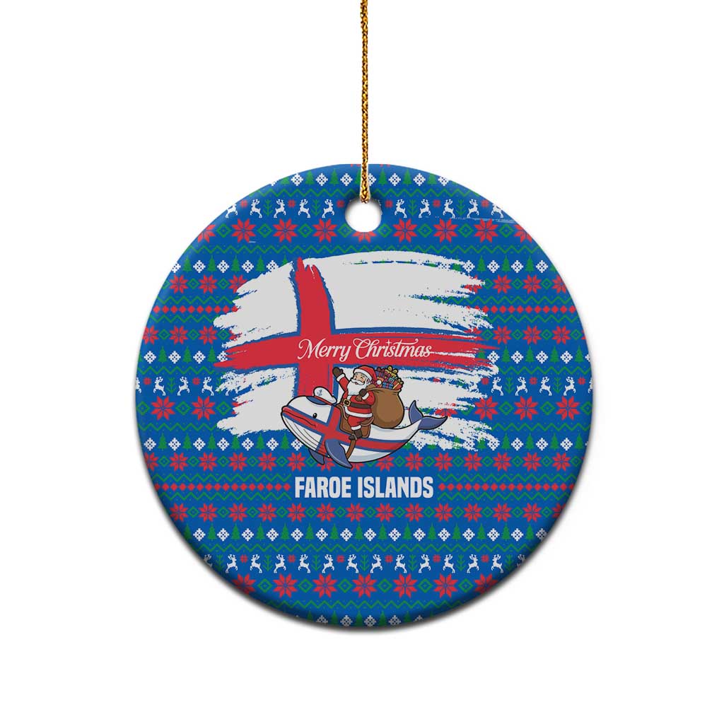 Faroe Islands Christmas Ceramic Ornament with Santa Riding Whale Faroe Flag and Blue Nordic Winter Pattern Design - Wonder Print Shop