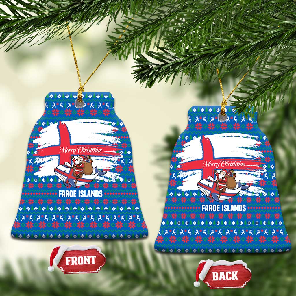 Faroe Islands Christmas Ceramic Ornament with Santa Riding Whale Faroe Flag and Blue Nordic Winter Pattern Design - Wonder Print Shop