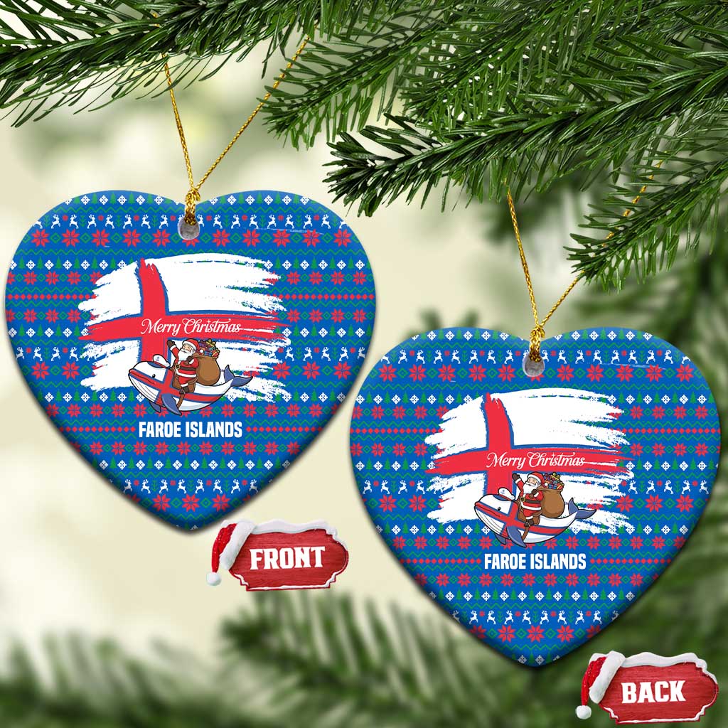 Faroe Islands Christmas Ceramic Ornament with Santa Riding Whale Faroe Flag and Blue Nordic Winter Pattern Design - Wonder Print Shop