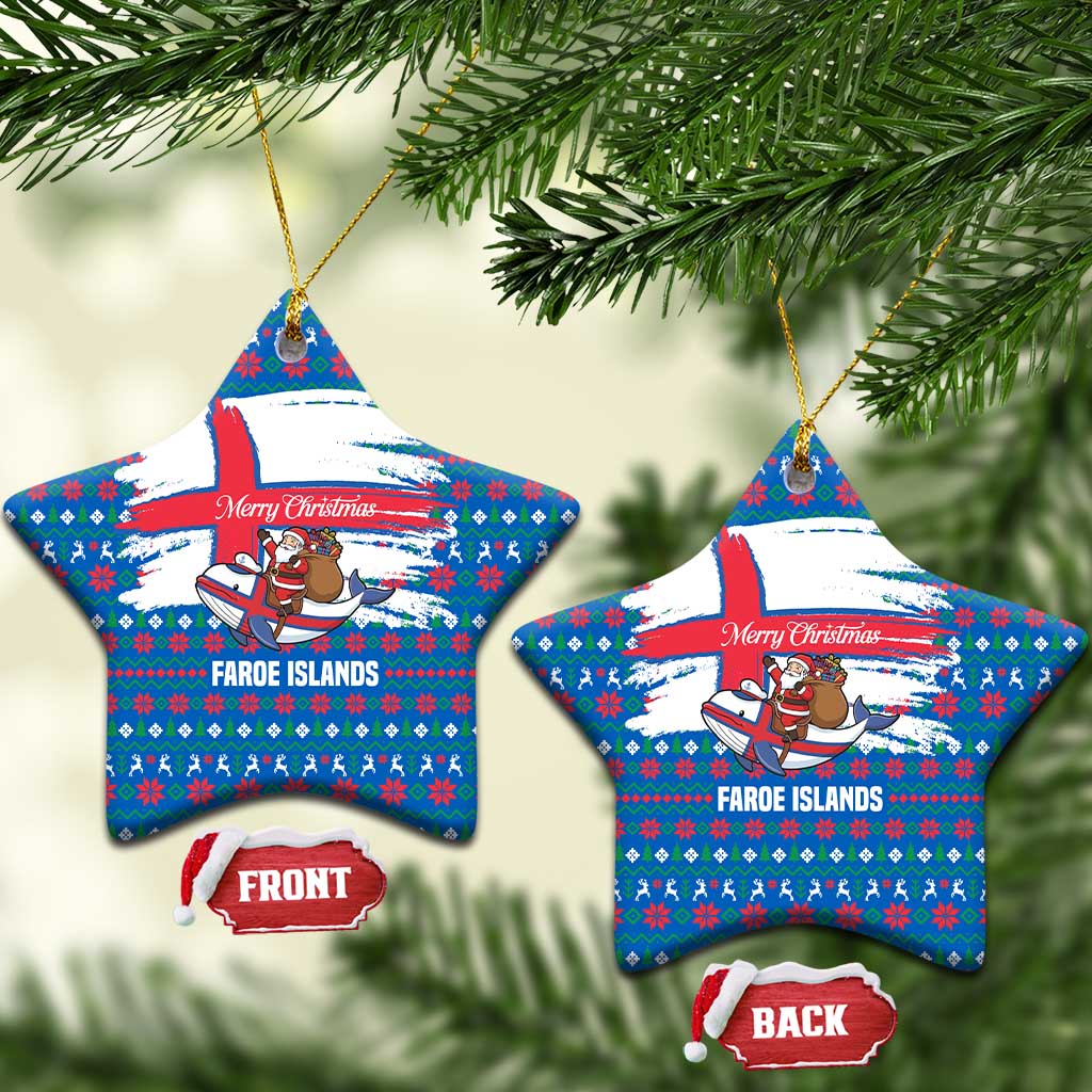 Faroe Islands Christmas Ceramic Ornament with Santa Riding Whale Faroe Flag and Blue Nordic Winter Pattern Design - Wonder Print Shop