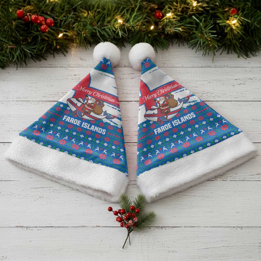 Faroe Islands Christmas Santa Hat with Santa Riding Whale Faroe Flag and Blue Nordic Winter Pattern Design - Wonder Print Shop