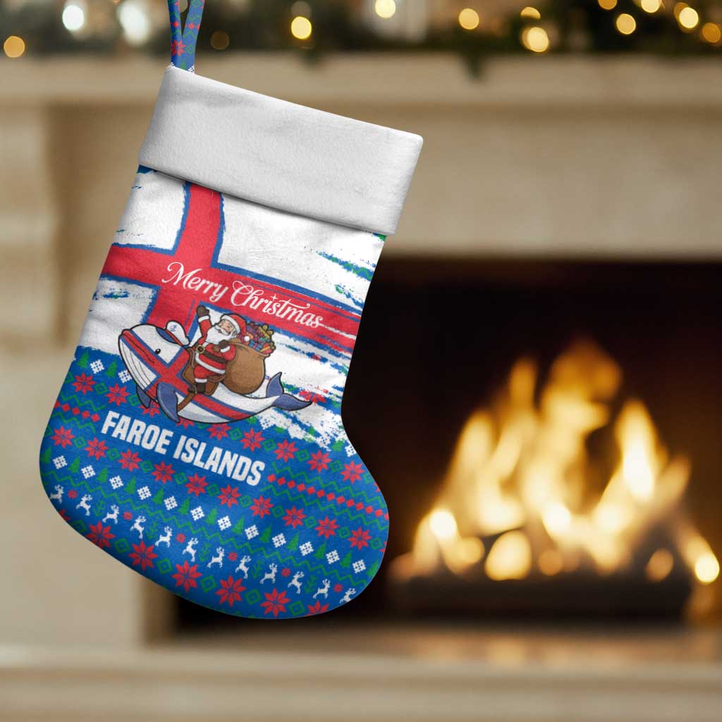 Faroe Islands Christmas Stocking with Santa Riding Whale Faroe Flag and Blue Nordic Winter Pattern Design - Wonder Print Shop