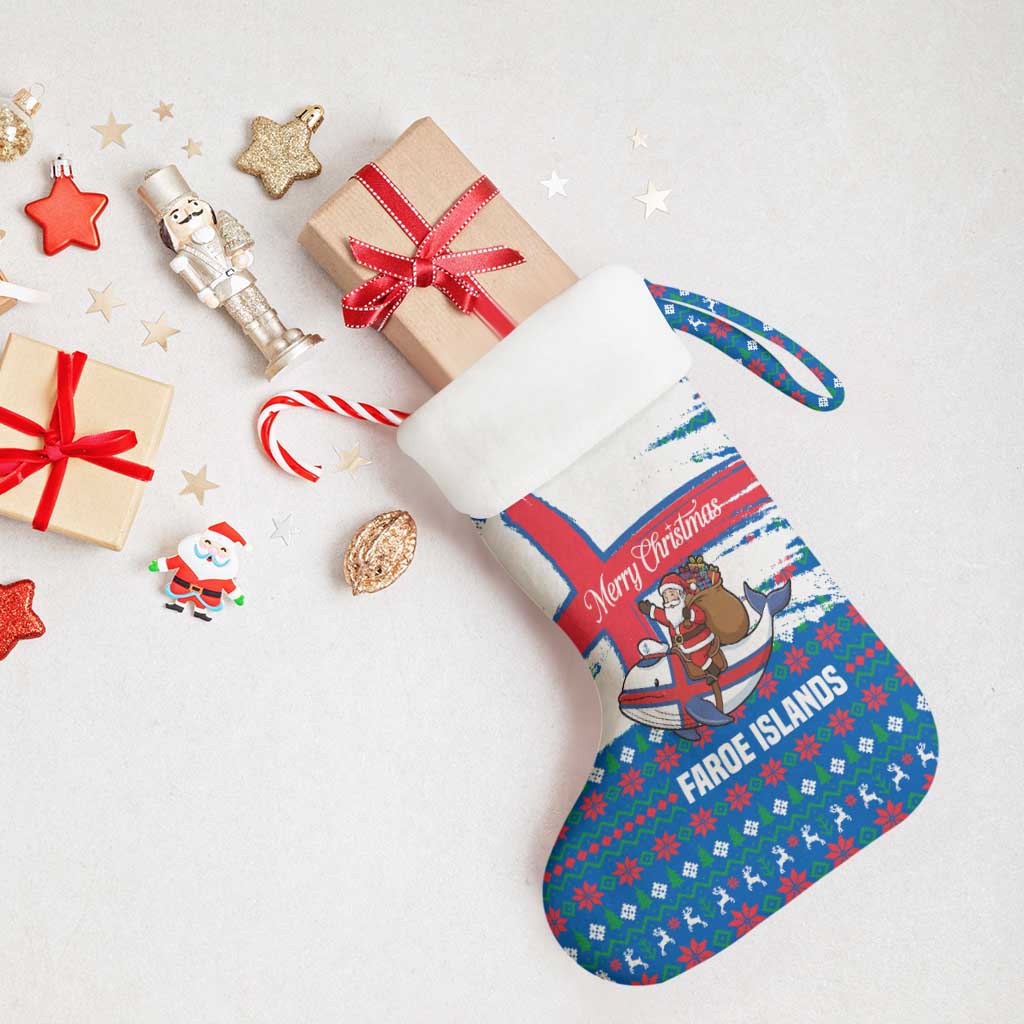 Faroe Islands Christmas Stocking with Santa Riding Whale Faroe Flag and Blue Nordic Winter Pattern Design - Wonder Print Shop