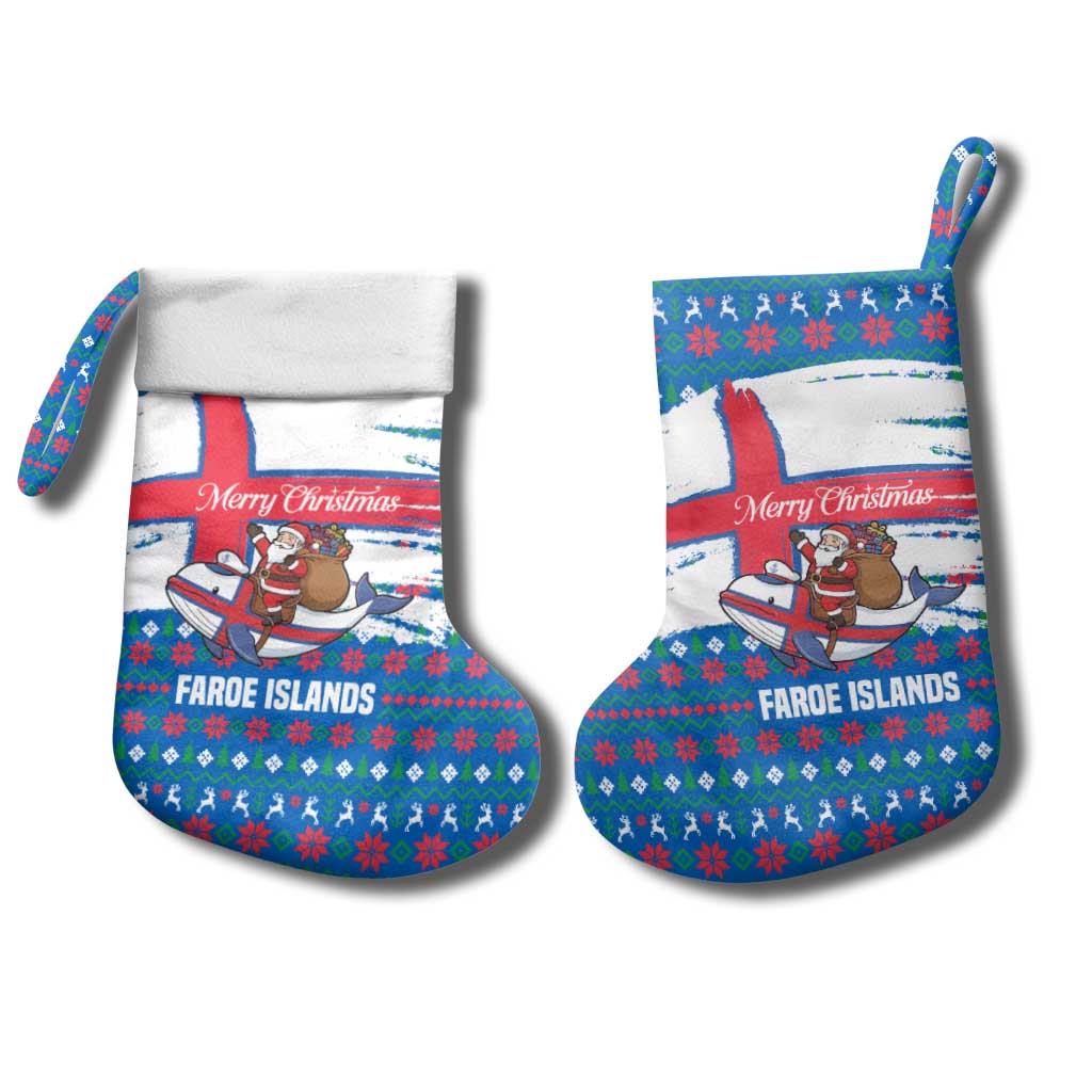 Faroe Islands Christmas Stocking with Santa Riding Whale Faroe Flag and Blue Nordic Winter Pattern Design - Wonder Print Shop