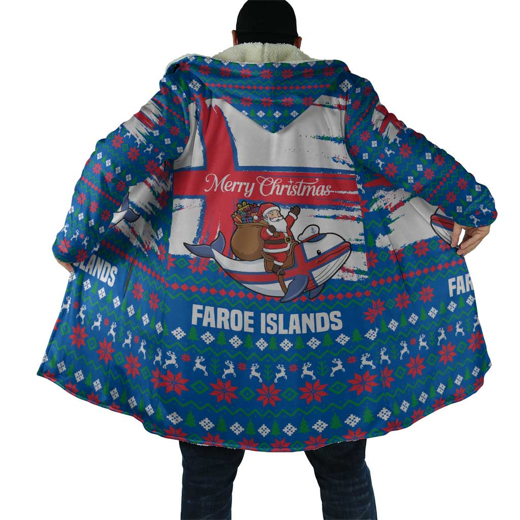 Faroe Islands Christmas Cloak with Santa Riding Whale Faroe Flag and Blue Nordic Winter Pattern Design - Wonder Print Shop