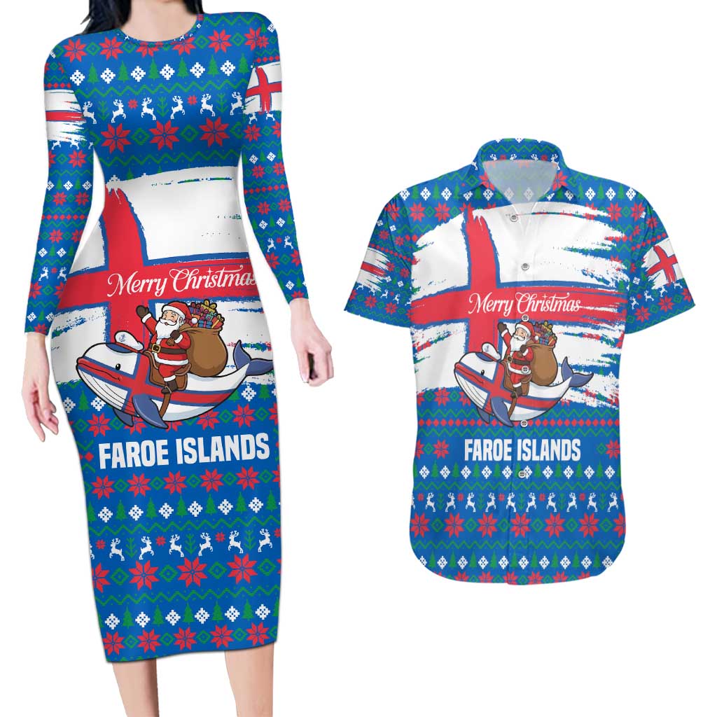 Faroe Islands Christmas Couples Matching Long Sleeve Bodycon Dress and Hawaiian Shirt with Santa Riding Whale Faroe Flag and Blue Nordic Winter Pattern Design - Wonder Print Shop