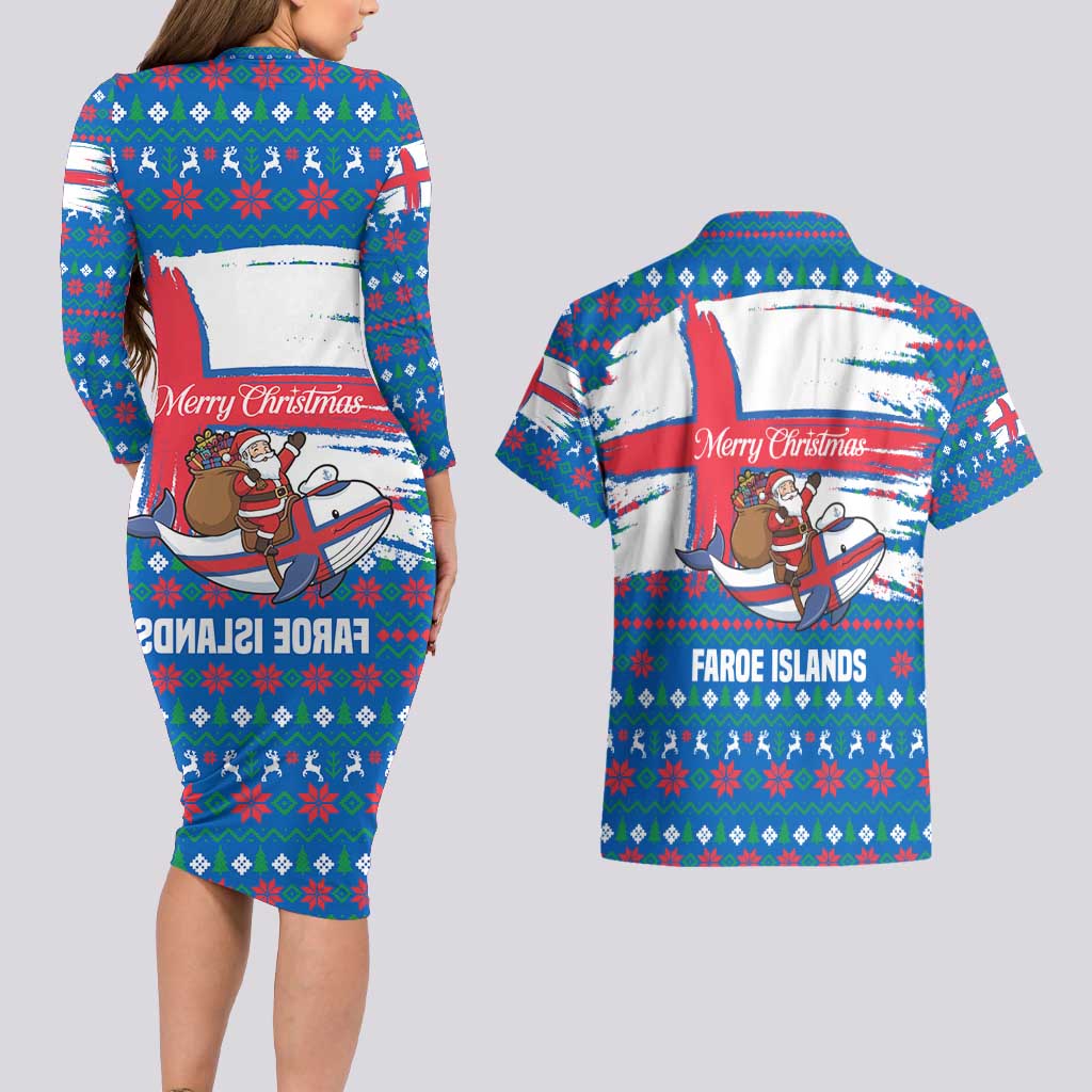 Faroe Islands Christmas Couples Matching Long Sleeve Bodycon Dress and Hawaiian Shirt with Santa Riding Whale Faroe Flag and Blue Nordic Winter Pattern Design - Wonder Print Shop