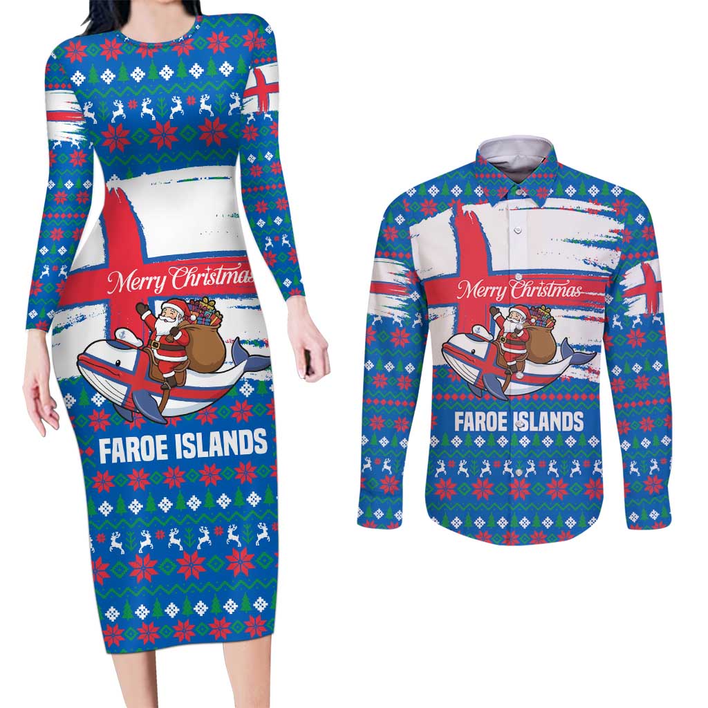 Faroe Islands Christmas Couples Matching Long Sleeve Bodycon Dress and Long Sleeve Button Shirt with Santa Riding Whale Faroe Flag and Blue Nordic Winter Pattern Design - Wonder Print Shop