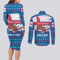 Faroe Islands Christmas Couples Matching Long Sleeve Bodycon Dress and Long Sleeve Button Shirt with Santa Riding Whale Faroe Flag and Blue Nordic Winter Pattern Design - Wonder Print Shop