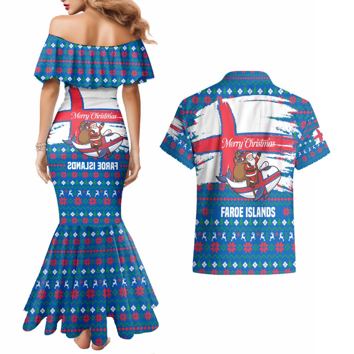 Faroe Islands Christmas Couples Matching Mermaid Dress and Hawaiian Shirt with Santa Riding Whale Faroe Flag and Blue Nordic Winter Pattern Design - Wonder Print Shop