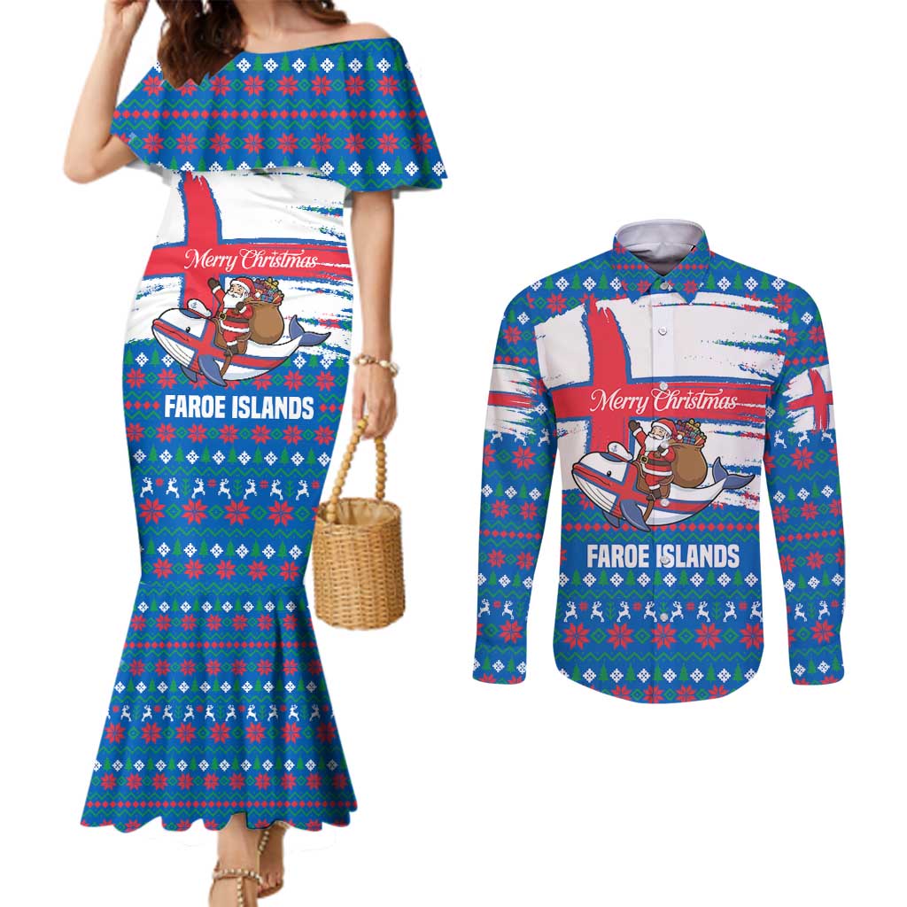 Faroe Islands Christmas Couples Matching Mermaid Dress and Long Sleeve Button Shirt with Santa Riding Whale Faroe Flag and Blue Nordic Winter Pattern Design - Wonder Print Shop