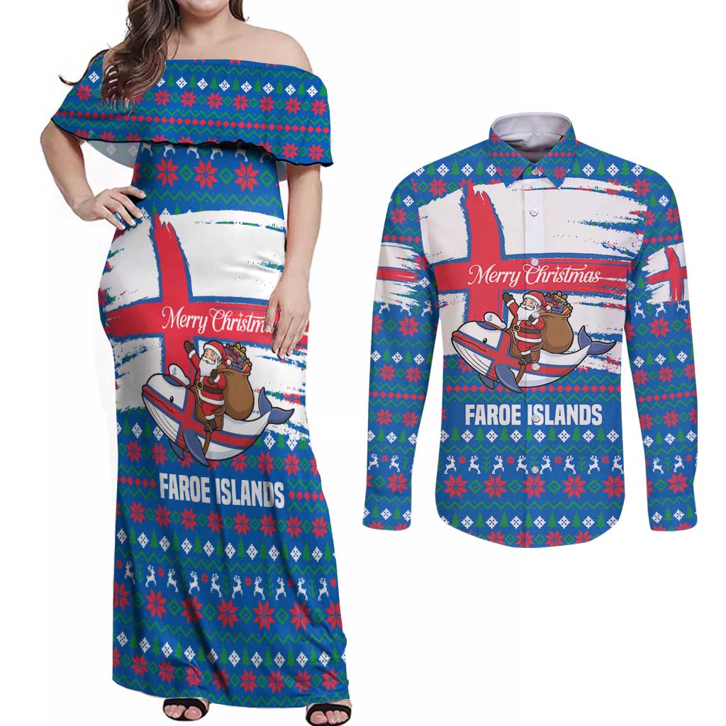 Faroe Islands Christmas Couples Matching Off Shoulder Maxi Dress and Long Sleeve Button Shirt with Santa Riding Whale Faroe Flag and Blue Nordic Winter Pattern Design - Wonder Print Shop