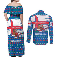 Faroe Islands Christmas Couples Matching Off Shoulder Maxi Dress and Long Sleeve Button Shirt with Santa Riding Whale Faroe Flag and Blue Nordic Winter Pattern Design - Wonder Print Shop