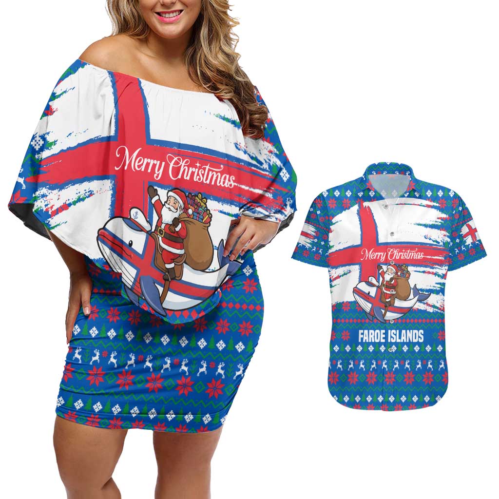 Faroe Islands Christmas Couples Matching Off Shoulder Short Dress and Hawaiian Shirt with Santa Riding Whale Faroe Flag and Blue Nordic Winter Pattern Design - Wonder Print Shop