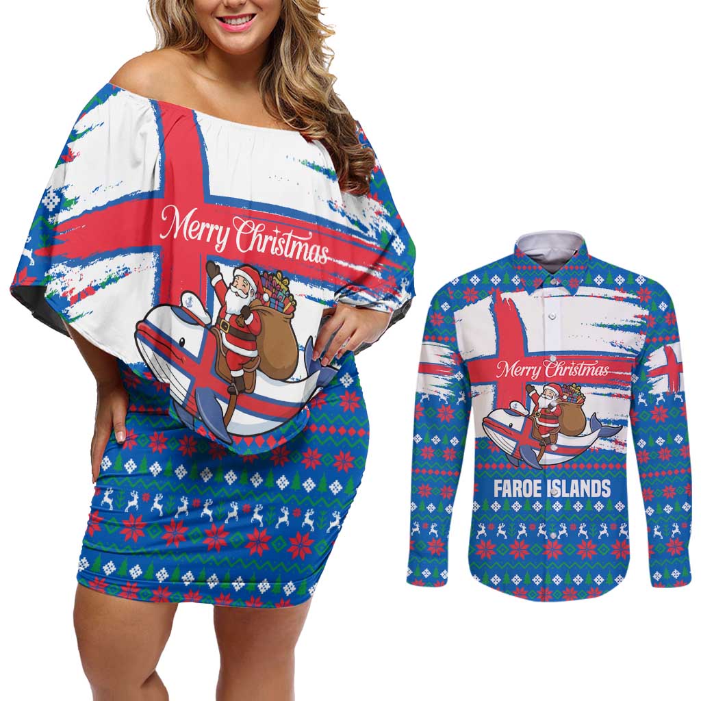 Faroe Islands Christmas Couples Matching Off Shoulder Short Dress and Long Sleeve Button Shirt with Santa Riding Whale Faroe Flag and Blue Nordic Winter Pattern Design - Wonder Print Shop